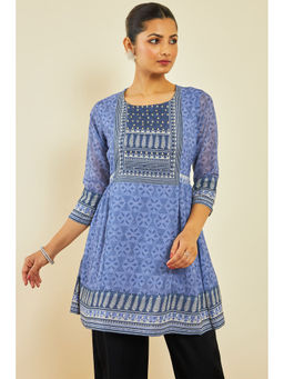 Soch - Blue Georgette Tunic with Ethnic Print and Embellishments