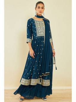 Soch - Teal Georgette Suit with Ethnic Embroidery and Sequins (Set of 3)