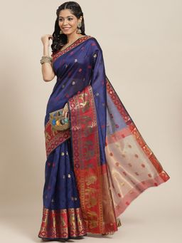 ISHIN - Womens Poly Silk Navy Blue & Red Woven Design Saree with Unstitched Blouse