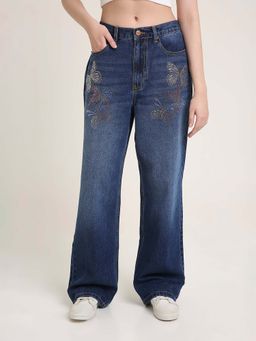 TARAMA - Women Blue Butterfly Rhinestone Details Jeans