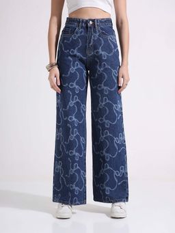 TARAMA - Women Dark Blue Printed High Waist Wide Leg Jeans