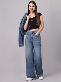 TARAMA - Women Light Blue Washed Wide Leg Denim Jeans