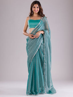 Koskii - Teal Embellished Stone Work Semi Crepe Saree with Unstitched Blouse