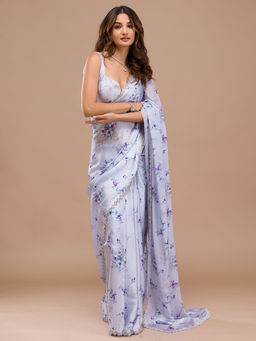 Koskii - Women Stonework (Silver) Semi Crepe Saree With Unstitched Blouse