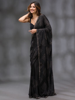 Koskii - Women Stonework (Silver) Semi Crepe Saree With Unstitched Blouse