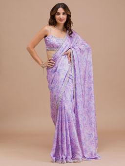Koskii - Lavender Leaf Printed Satin Saree with Unstitched Blouse