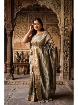 Isadora Life - Womens Woven Embroidered Grey Pre-Draped Saree With Unstitched Blouse