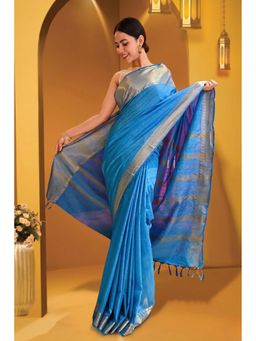 Isadora Life - Womens Woven Zari Blue Pre-Draped Saree With Unstitched Blouse