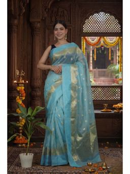 Isadora Life - Womens Woven Zari Blue Pre-Draped Saree With Unstitched Blouse