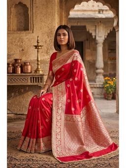 Isadora Life - Womens Woven Zari Red Pre-Draped Saree With Unstitched Blouse