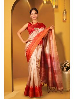 Isadora Life - Womens Woven Tassels Beige Pre-Draped Saree With Unstitched Blouse