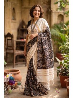 Isadora Life - Womens Printed Stripes White Pre-Draped Saree With Unstitched Blouse