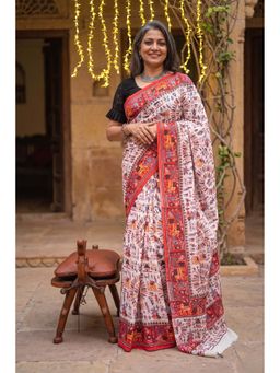 Isadora Life - Womens Printed Beige Pre-Draped Saree With Unstitched Blouse