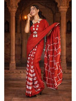Isadora Life - Womens Hand Block Printed Red Pre-Draped Saree with Unstitched Blouse