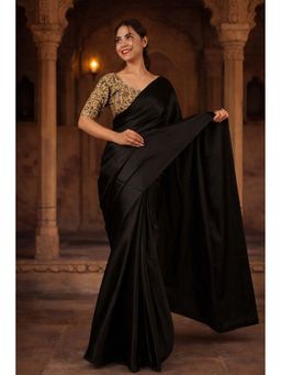 Isadora Life - Womens Plain Black Pre-Draped Saree with Unstitched Blouse