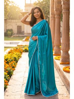 Isadora Life - Womens Solid Gota Blue Pre-Draped Saree with Unstitched Blouse