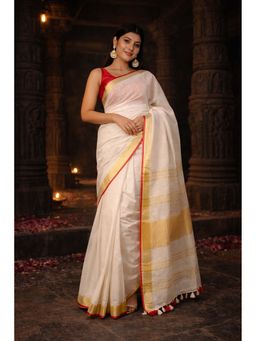 Isadora Life - Womens Woven Tassels White Pre-Draped Saree With Unstitched Blouse