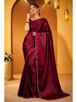 Isadora Life - Womens Solid Sequined Maroon Pre-Draped Saree With Unstitched Blouse