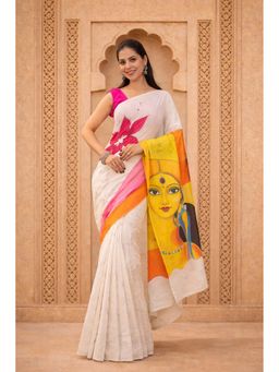 Isadora Life - Womens Hand Painted White Pre-Draped Saree with Unstitched Blouse