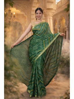 Isadora Life - Womens Bandhani Printed Green Pre-Draped Saree with Unstitched Blouse