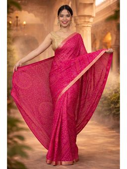Isadora Life - Womens Bandhani Printed Pink Pre-Draped Saree with Unstitched Blouse