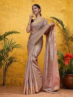 Isadora Life - Womens Stripes Zari Beige Pre-Draped Saree with Unstitched Blouse