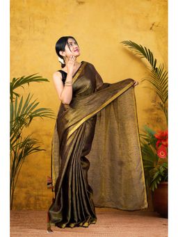 Isadora Life - Womens Solid Tassels Gold Pre-Draped Saree with Unstitched Blouse