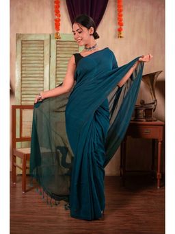 Isadora Life - Womens Colorblock Tassels Blue Pre-Draped Saree With Unstitched Blouse