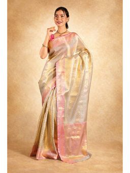 Isadora Life - Womens Woven Zari Beige Pre-Draped Saree With Unstitched Blouse