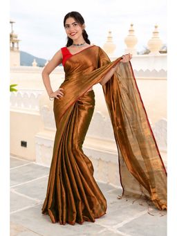 Isadora Life - Womens Solid Tassels Copper Pre-Draped Saree With Unstitched Blouse