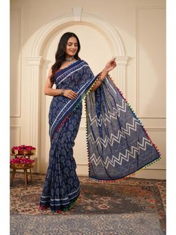 Isadora Life - Womens Printed Tassels Blue Pre-Draped Saree With Unstitched Blouse