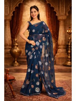 Isadora Life - Womens Floral Sequined Blue Pre-Draped Saree With Unstitched Blouse