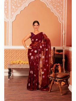 Isadora Life - Womens Floral Sequined Maroon Pre-Draped Saree With Unstitched Blouse
