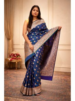 Isadora Life - Womens Woven Zari Blue Pre-Draped Saree With Unstitched Blouse
