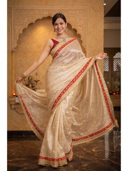 Isadora Life - Womens Woven Zari Beige Pre-Draped Saree With Unstitched Blouse