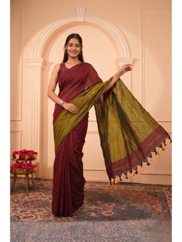 Isadora Life - Womens Woven Tassels Maroon Pre-Draped Saree With Unstitched Blouse