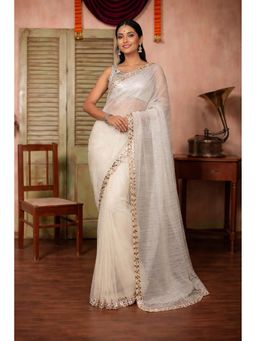 Isadora Life - Womens Sequined Mirror Work White Pre-Draped Saree With Unstitched Blouse