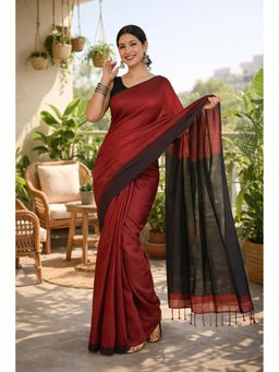 Isadora Life - Womens Colorblock Tassels Maroon Pre-Draped Saree With Unstitched Blouse