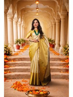 Isadora Life - Womens Woven Zari Ivory Pre-Draped Saree With Unstitched Blouse