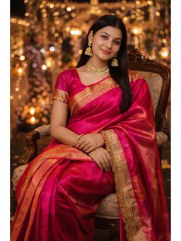 Isadora Life - Womens Woven Zari Pink Pre-Draped Saree With Unstitched Blouse
