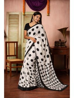 Isadora Life - Womens Polka Dots Printed White Pre-Draped Saree With Unstitched Blouse