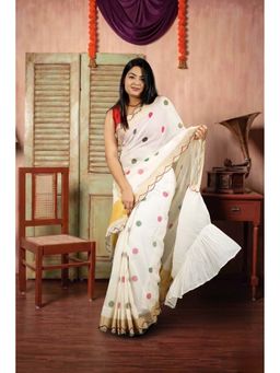 Isadora Life - Womens Polka Dots Zari White Pre-Draped Saree With Unstitched Blouse