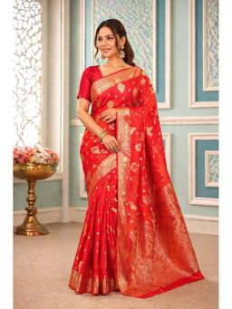 Isadora Life - Womens Woven Zari Red Pre-Draped Saree With Unstitched Blouse