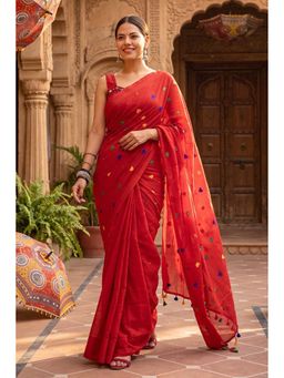 Isadora Life - Womens Embroidered Tassels Red Pre-Draped Saree With Unstitched Blouse