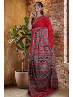 Isadora Life - Womens Printed Red Pre-Draped Saree With Unstitched Blouse