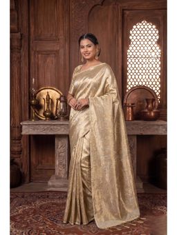 Isadora Life - Womens Woven Zari Gold Pre-Draped Saree With Unstitched Blouse