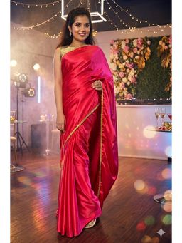 Isadora Life - Womens Solid Embroidered Red Pre-Draped Saree with Unstitched Blouse