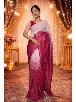 Isadora Life - Womens Sequined Pink Pre-Draped Saree with Unstitched Blouse