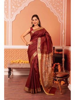 Isadora Life - Womens Woven Tassels Maroon Pre-Draped Saree with Unstitched Blouse