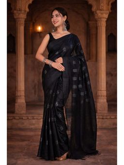 Isadora Life - Womens Printed Tassels Black Pre-Draped Saree with Unstitched Blouse